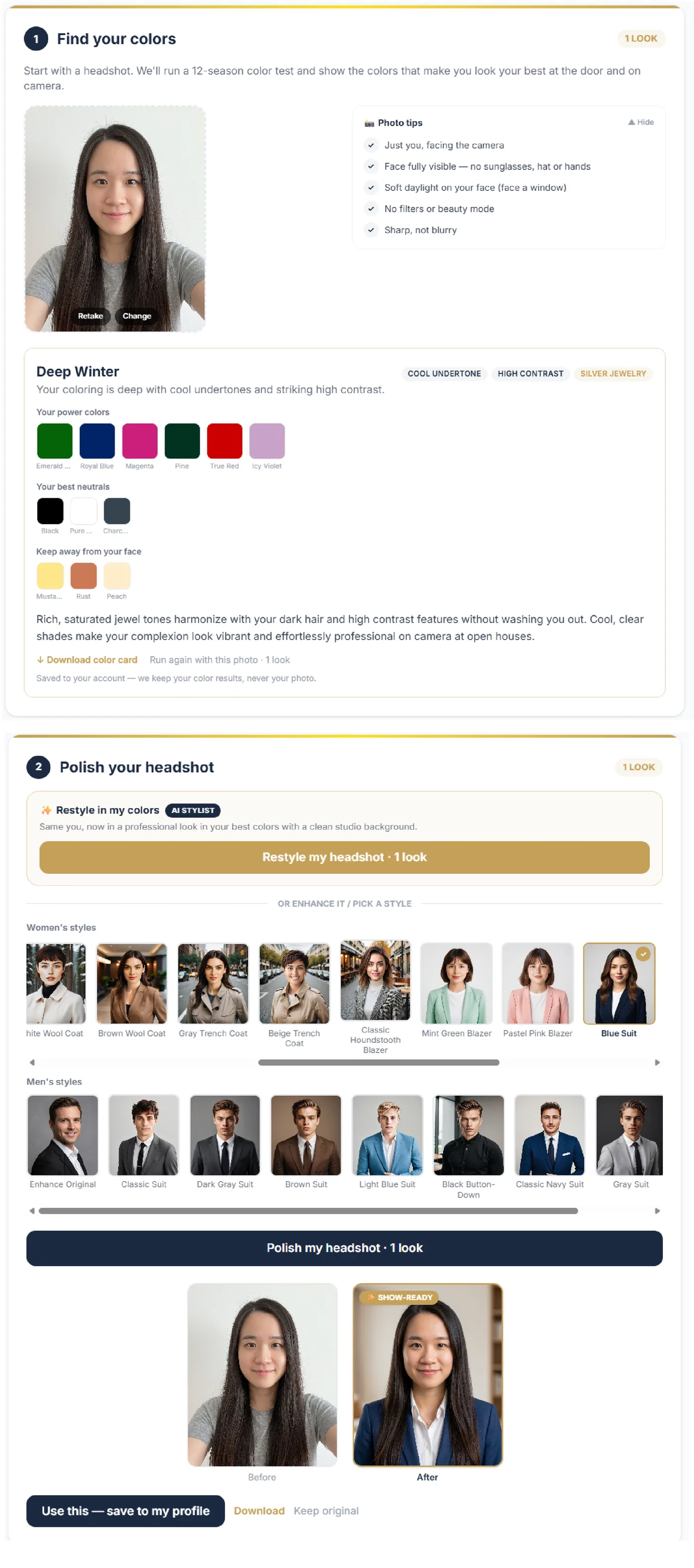 ShowVibe 12-season color test and AI headshot before and after for a real estate agent
