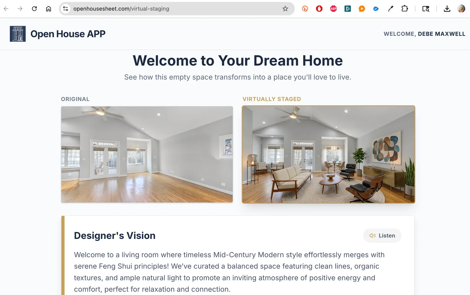 Before and after AI virtual staging by Debe Maxwell — empty bedroom transformed into Modern Farmhouse style