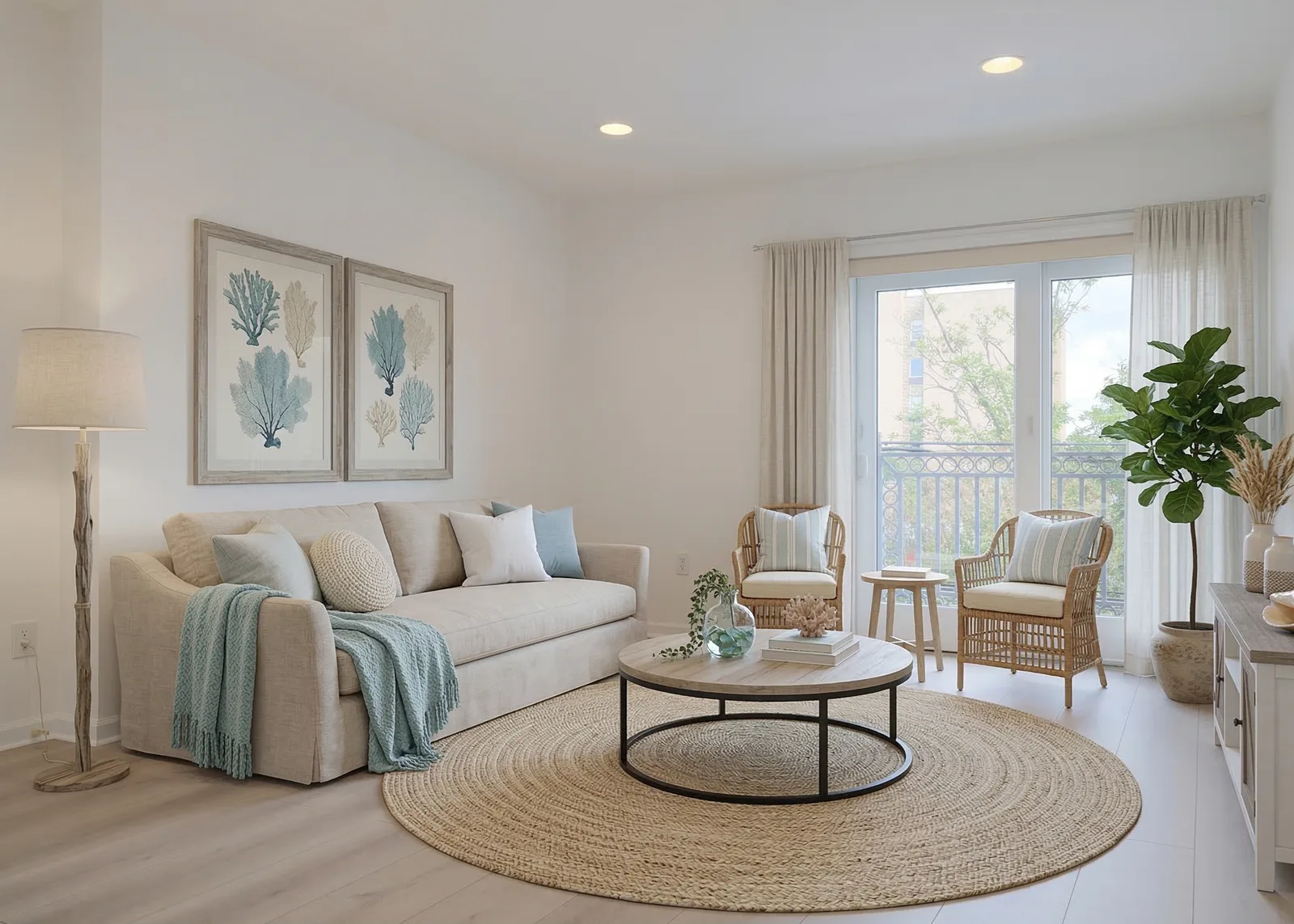 Coastal Breeze virtual staging — ocean blue accents, natural textures, beachy vibes