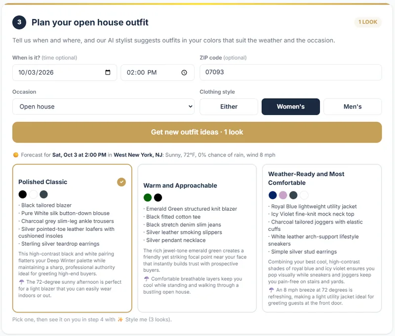 ShowVibe outfit ideas in your colors, dressed for the open house forecast