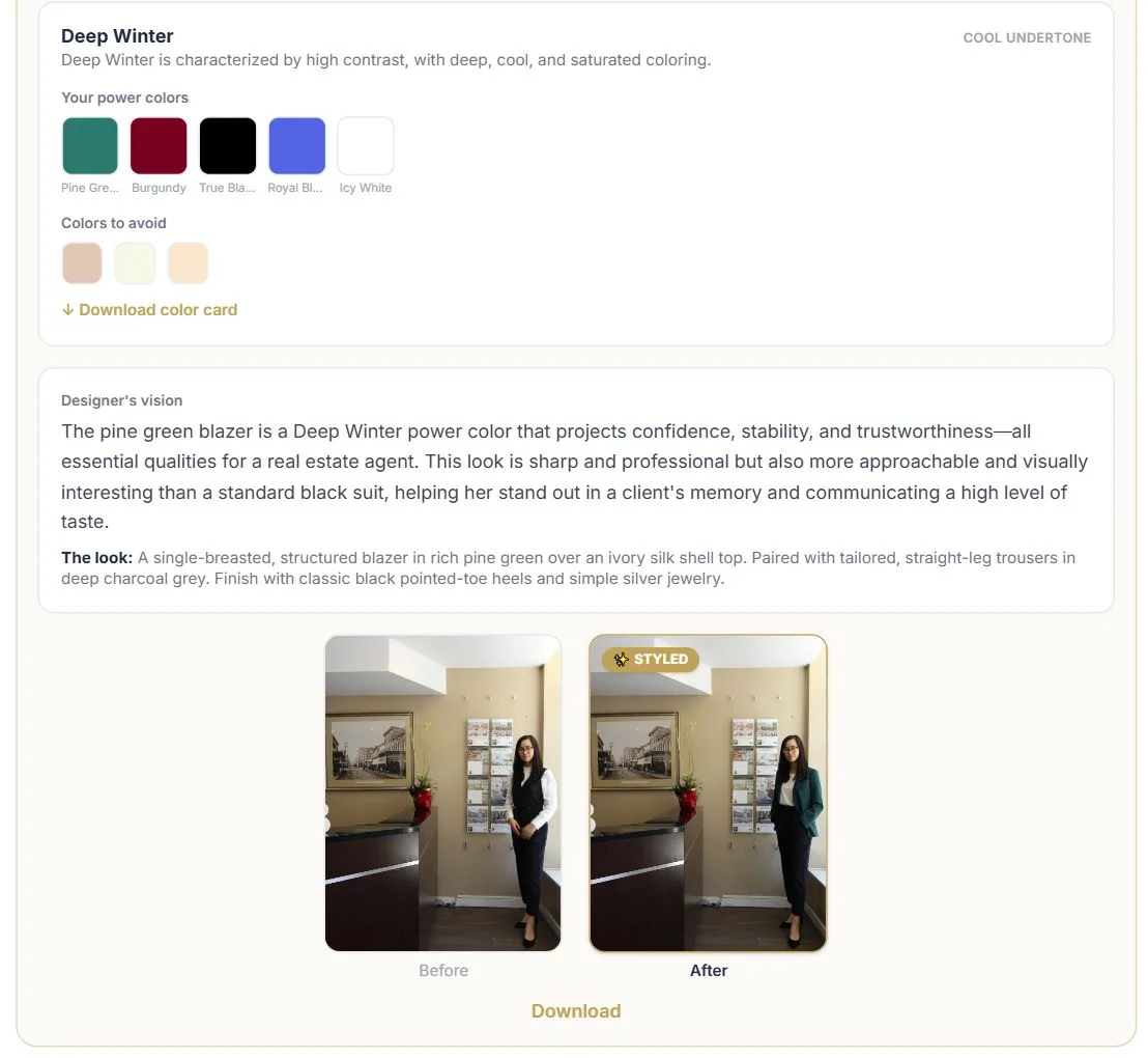 Before and after AI outfit try-on for an open house