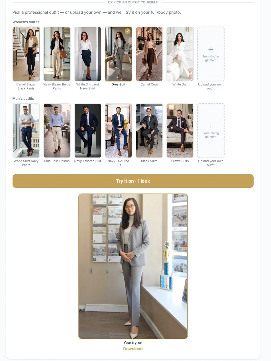 AI outfit try-on for a real estate agent before an open house