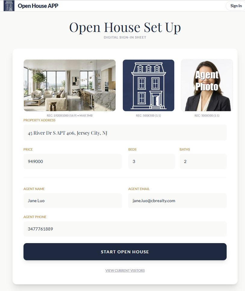 Open House App agent setup screen - upload listing photo, company logo, agent headshot, contact info, and auto-generated QR code