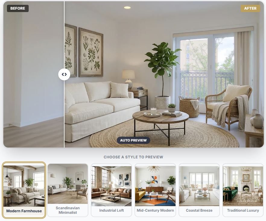 Before and after AI virtual staging in 6 design styles