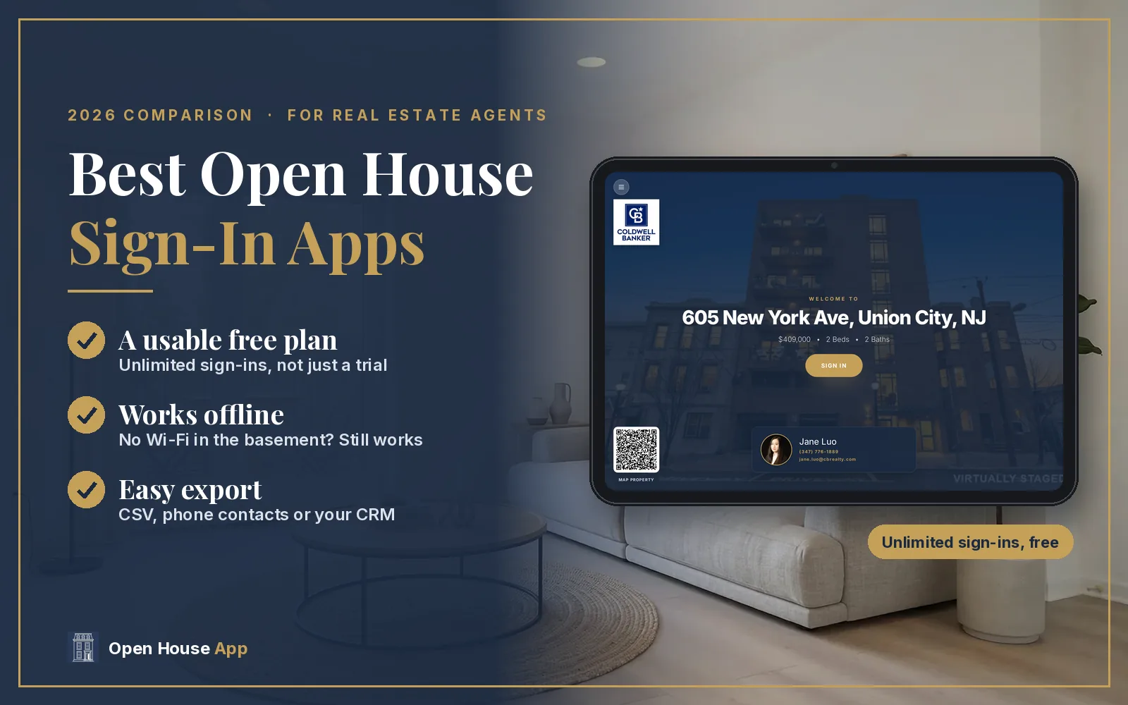 Best open house sign-in apps in 2026: look for a usable free plan, offline mode and easy export to CSV, phone contacts or your CRM
