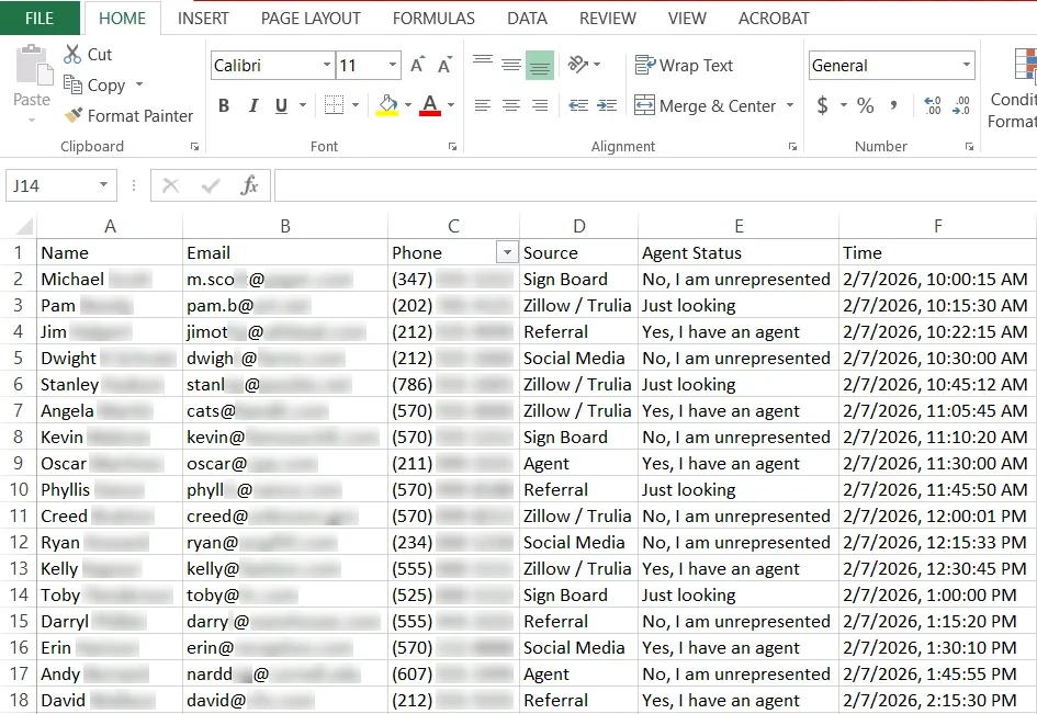 Open House App CSV export example - clean, organized lead data ready for CRM import