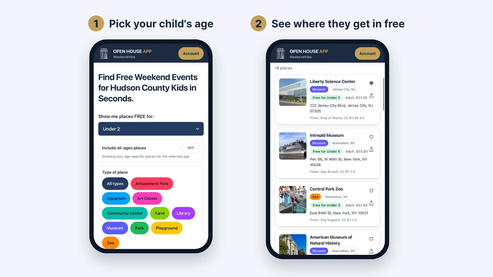 WeekendVibe on a phone: pick your child's age (Under 2), then see places where they get in free, like Liberty Science Center, the Intrepid Museum and Central Park Zoo