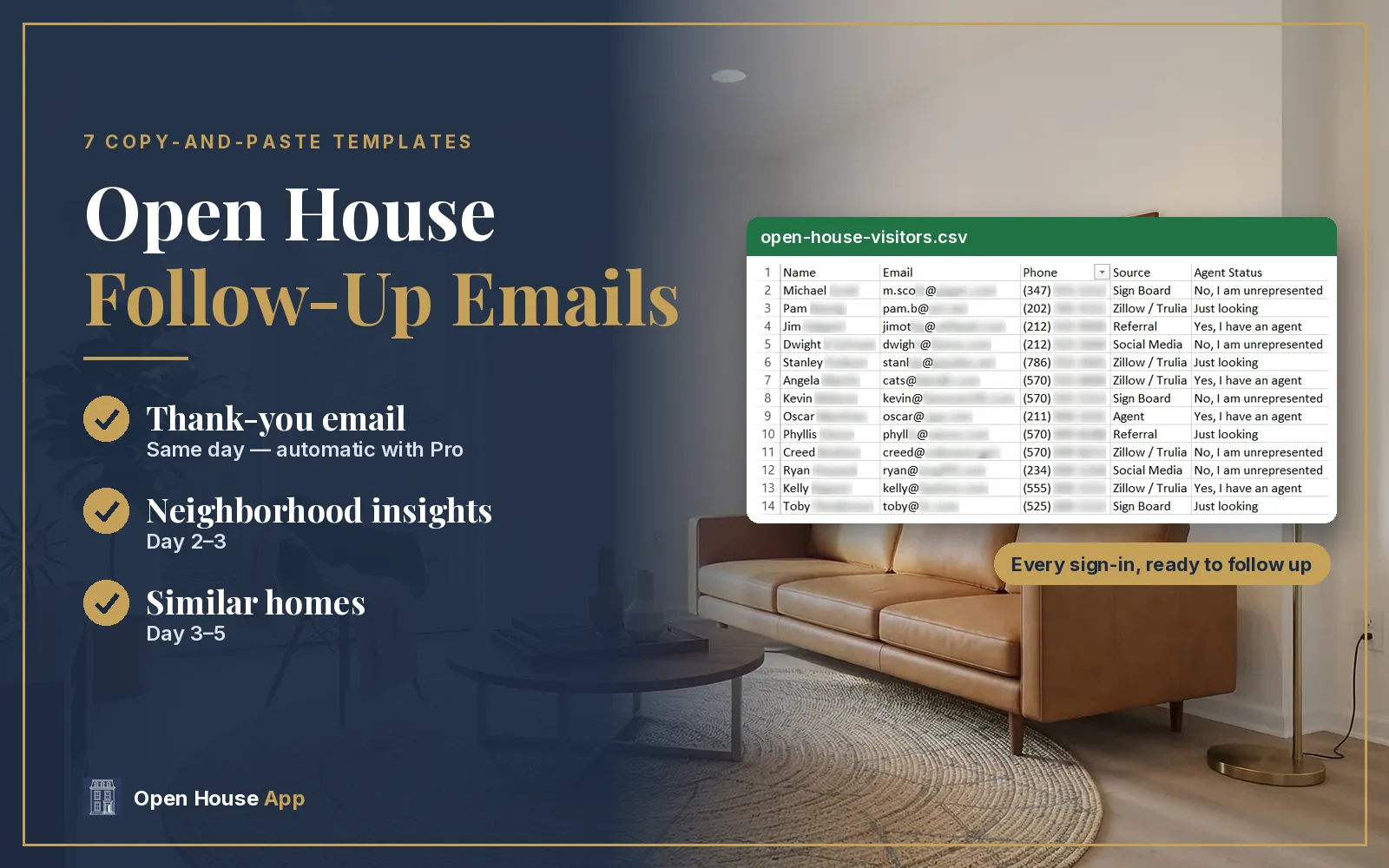 Open house follow-up emails: thank-you the same day, neighborhood insights on day 2–3 and similar homes on day 3–5, sent from your exported visitor list