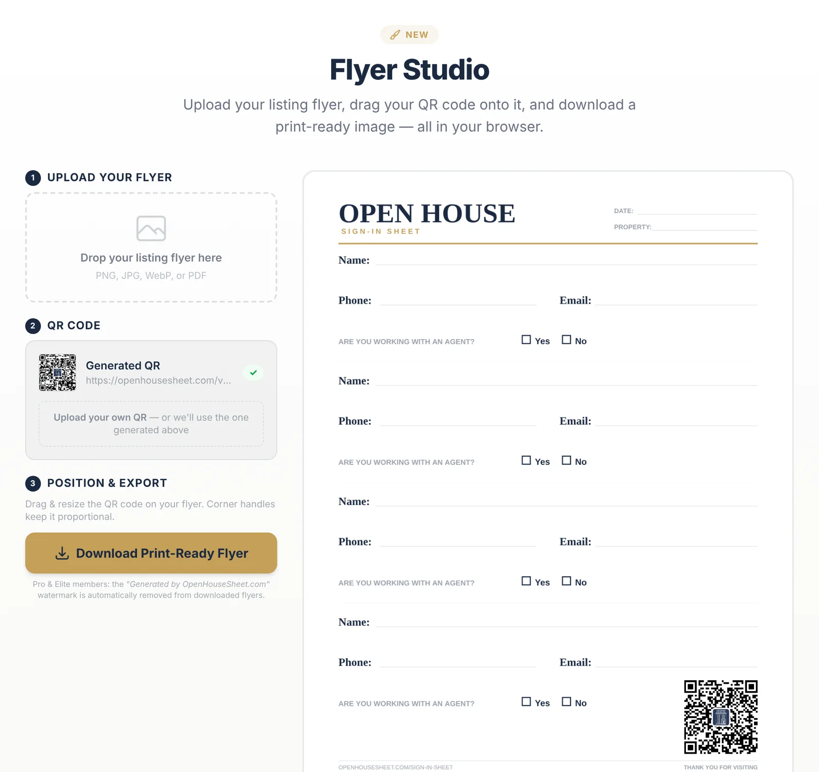 Flyer Studio: upload a listing flyer, add a QR code, and download a print-ready open house flyer or sign-in sheet