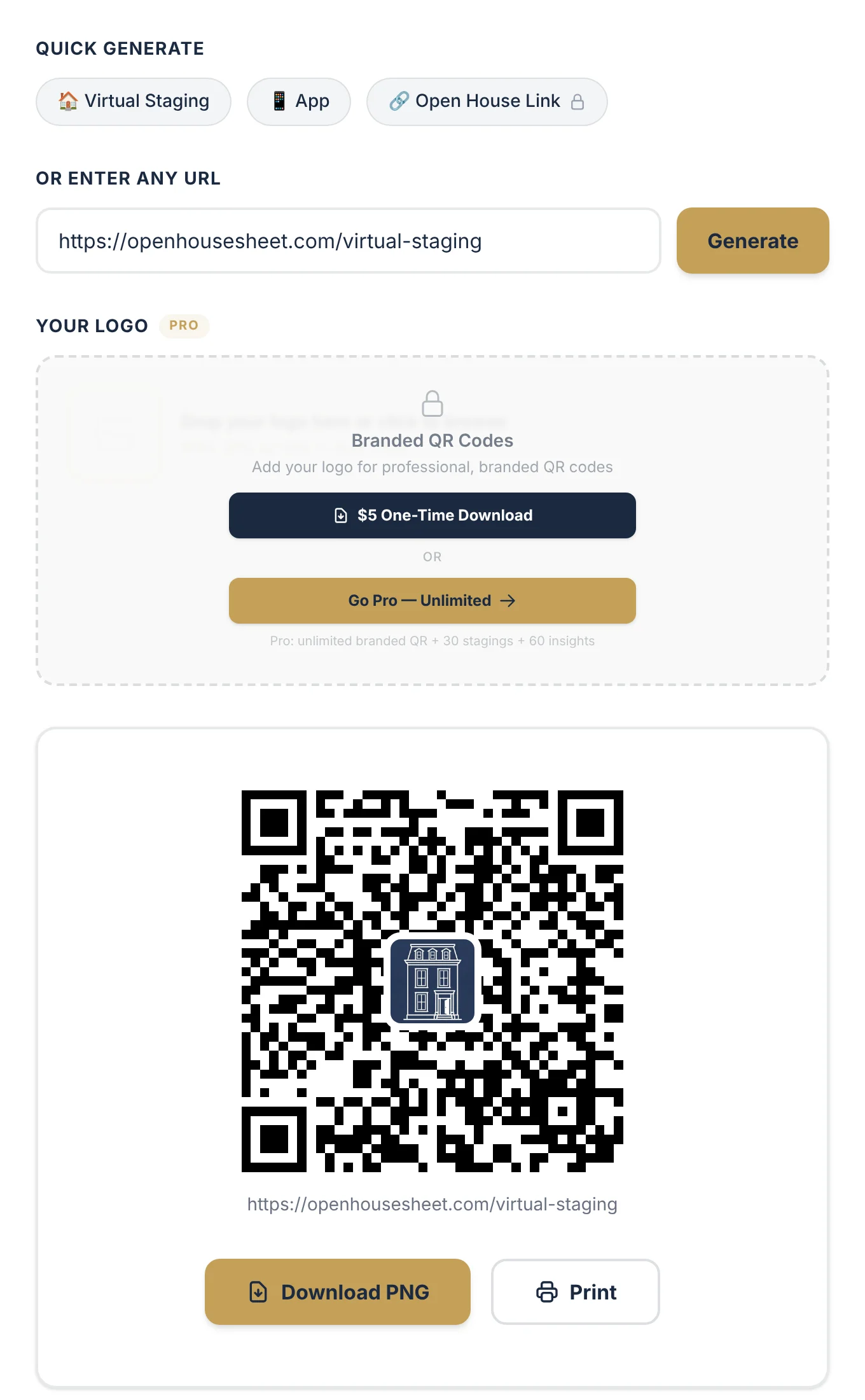 Open House App QR Code Generator with Quick Generate buttons for Virtual Staging, App and Open House Link, a logo upload, and a QR code for the virtual staging page