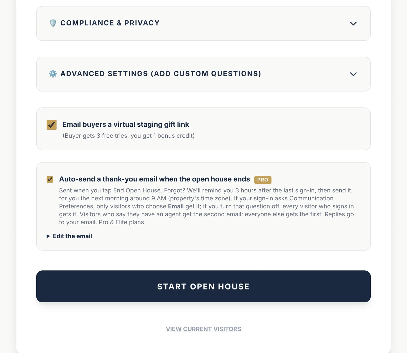 Open House App Pro setup screen: the Email buyers a virtual staging gift link option, the automatic thank-you email option and the Start Open House button
