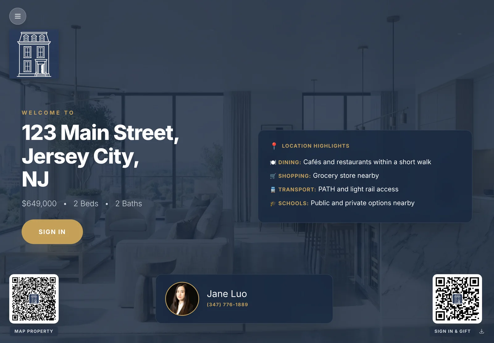 Open House App Pro welcome screen on an iPad with the listing, Location Highlights, agent card, a Map Property QR code and a Sign In & Gift QR code