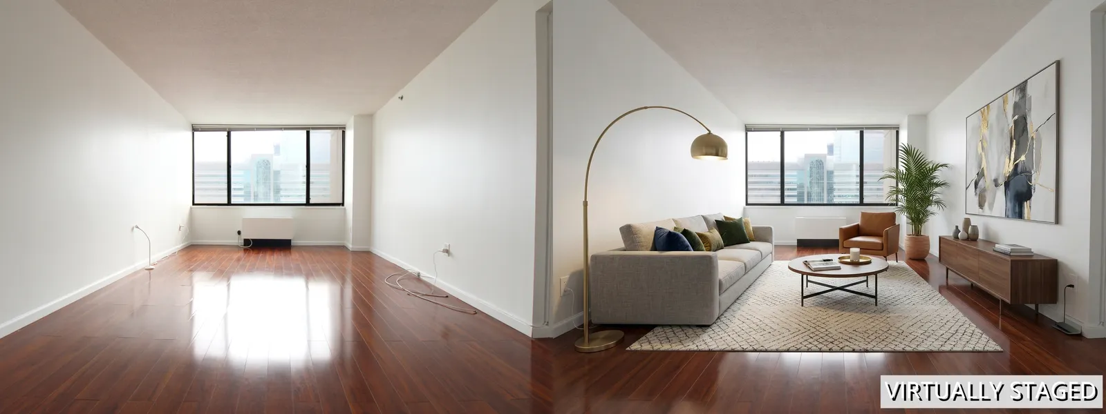 Before and after AI virtual staging — 45 River Dr S Apt 1605, Jersey City