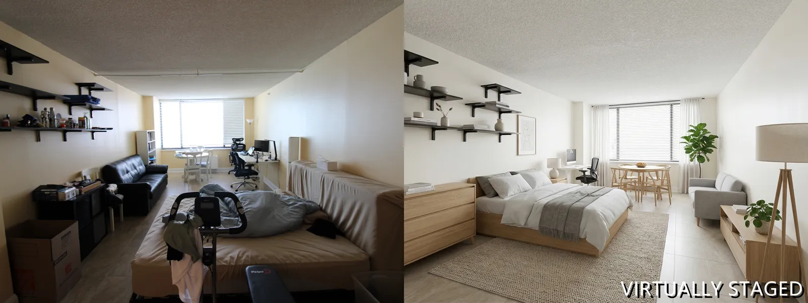Before and after AI virtual staging — 45 River Dr S Apt 2308, Jersey City