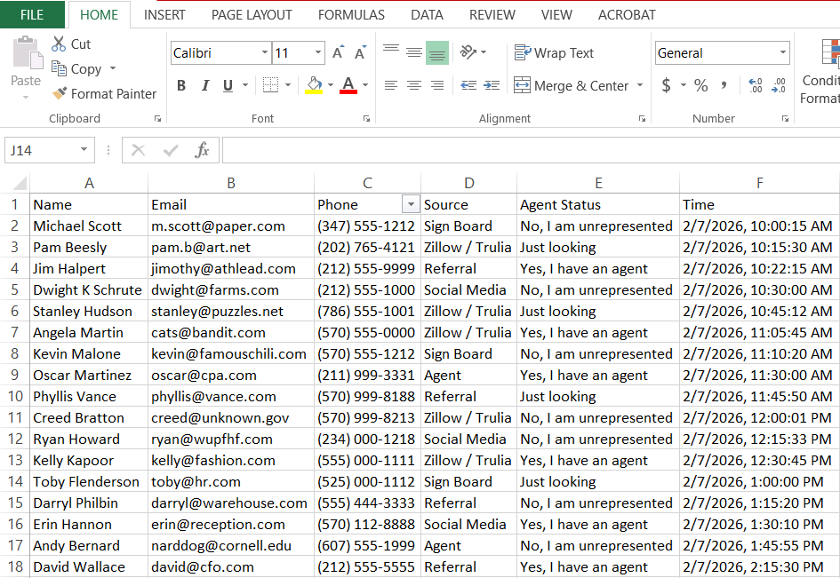 Open House App CSV export example - clean, organized lead data ready for CRM import