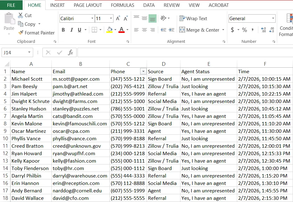 Open House App CSV export example - clean, organized lead data ready for CRM import