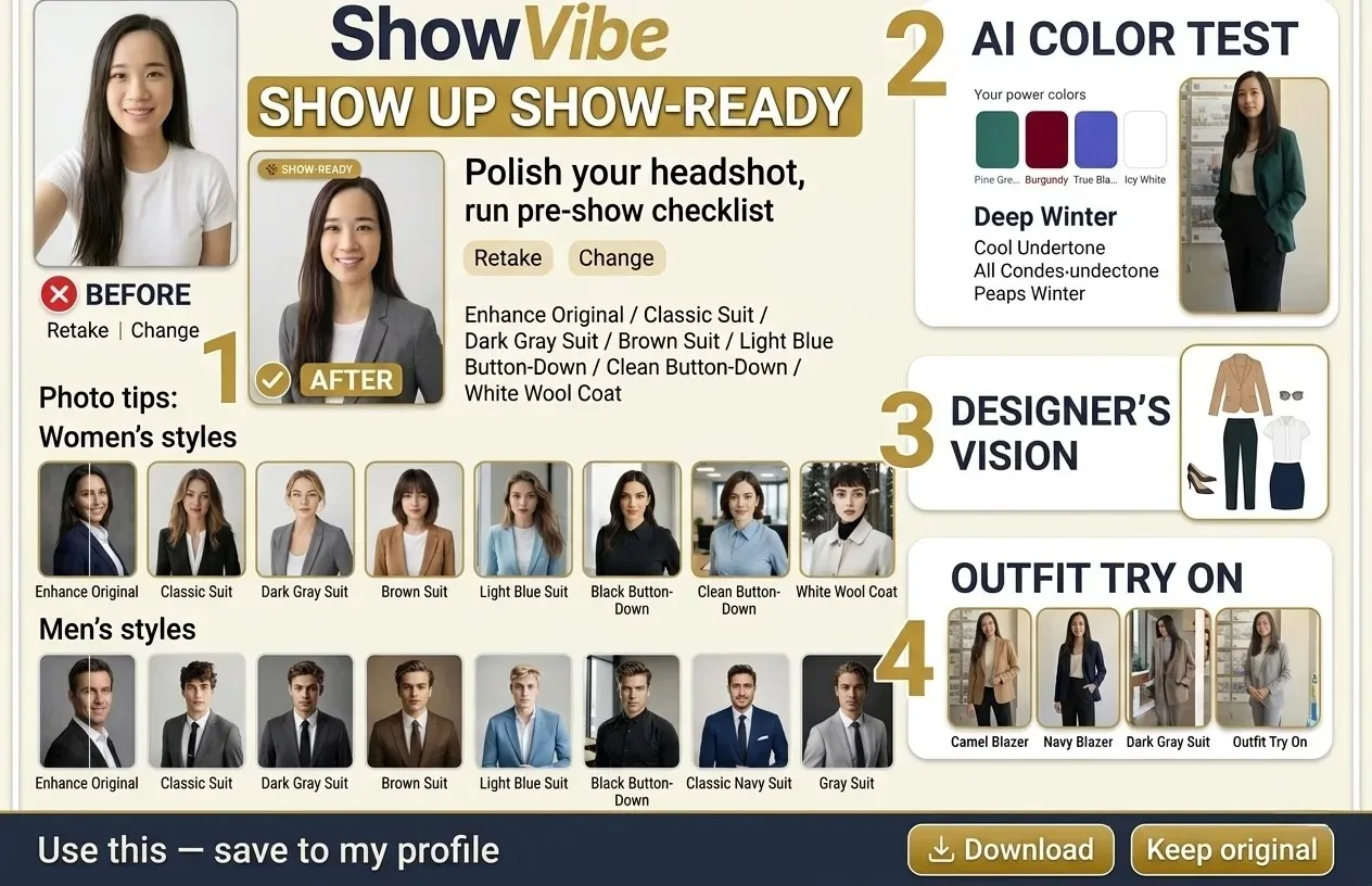 ShowVibe demo — AI headshots, 12-season color test, and virtual outfit try-on for real estate agents