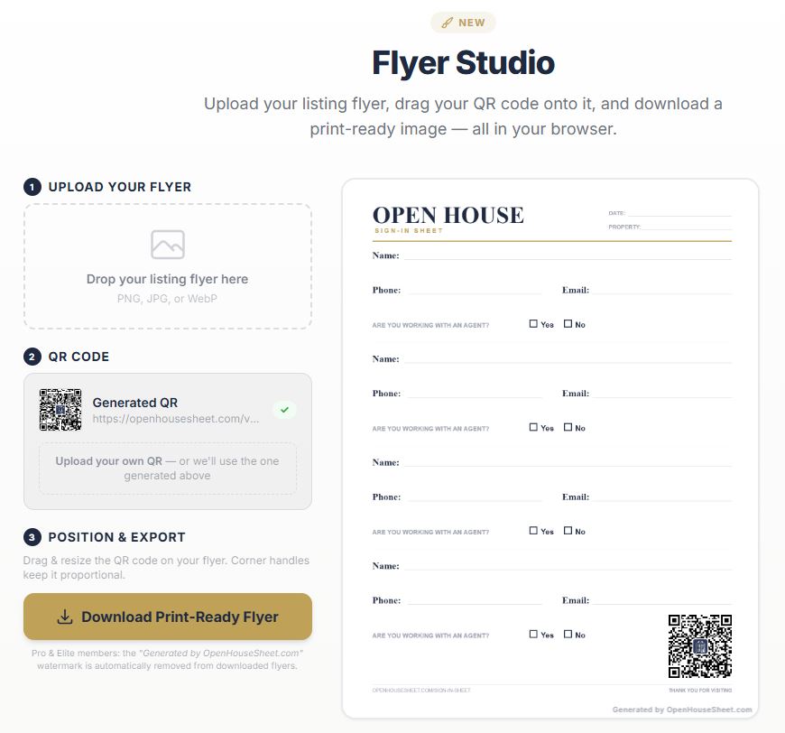 Default open house sign-in sheet template with QR code in Flyer Studio