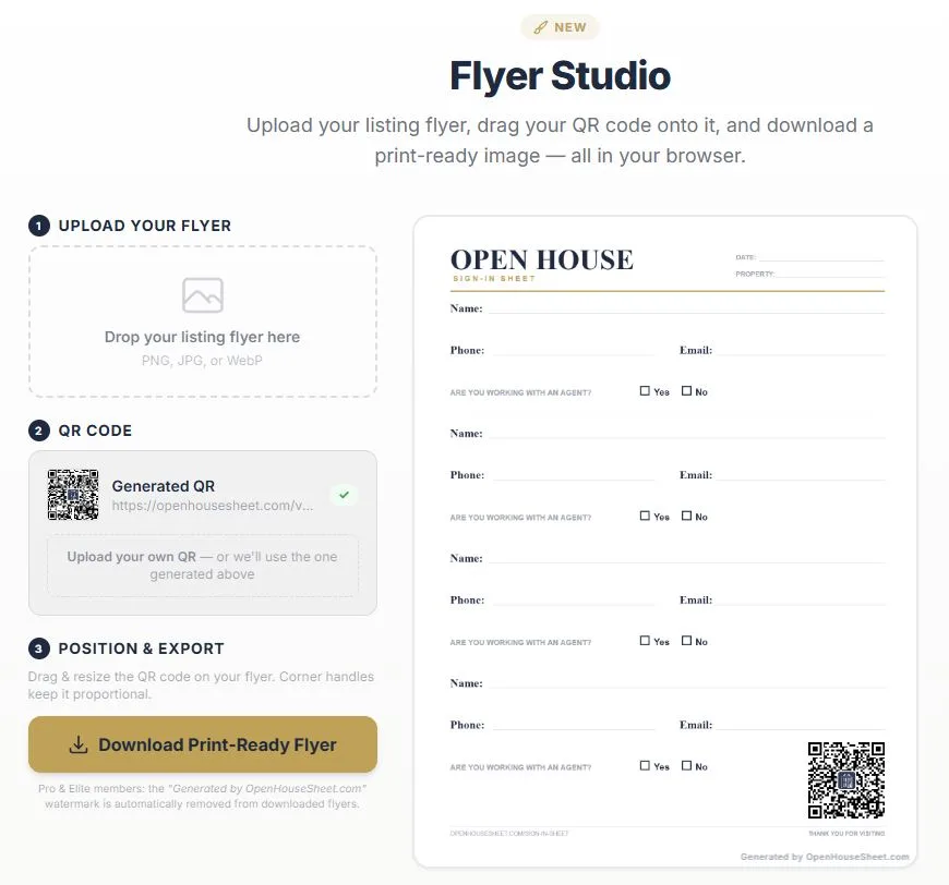 Default open house sign-in sheet template with QR code in Flyer Studio