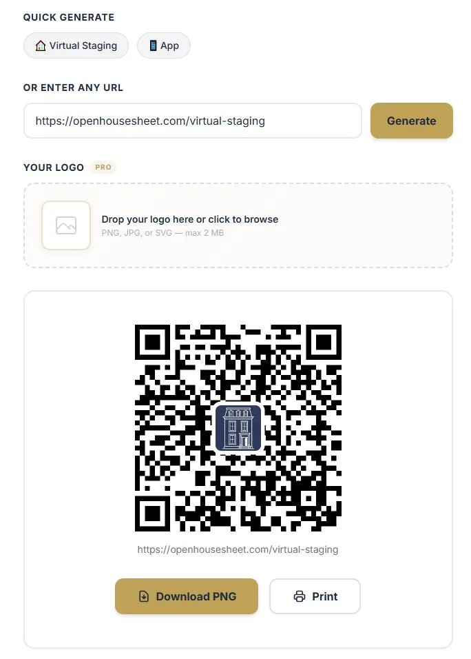 Open House App QR Code Generator with logo upload section locked for non-Pro users