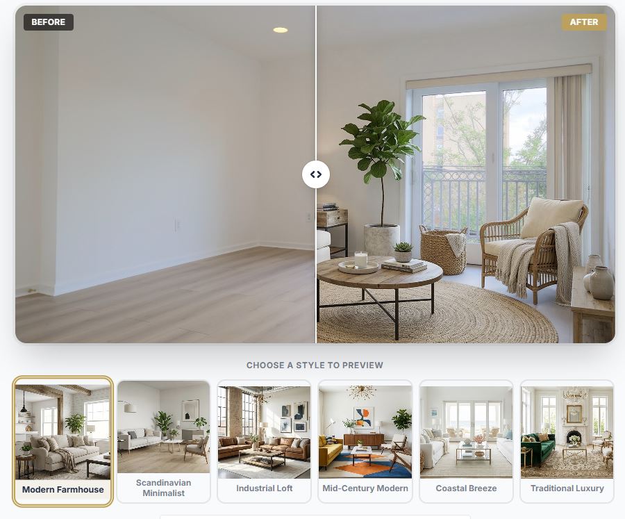 Before and After AI Virtual Staging - Empty room transformed into a beautifully staged living space