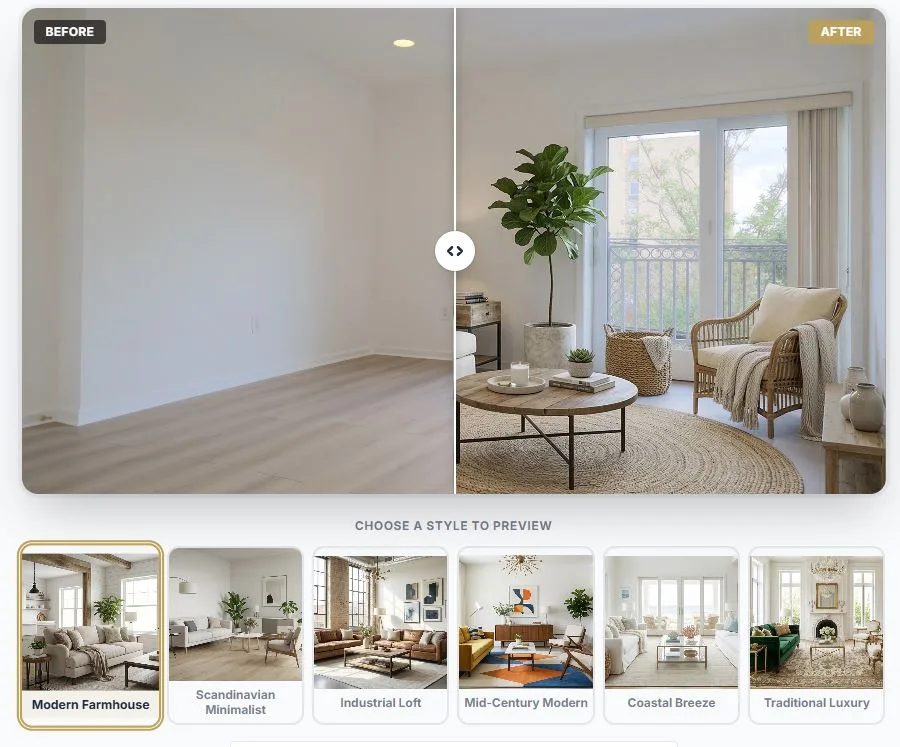 Before and after AI virtual staging of an empty room transformed into a furnished living space